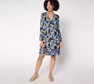 Susan Graver Soleil Petite Printed Dress with Lace Trim