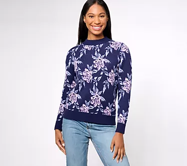 Denim & Co. Jacquard Floral Mock Neck Long-Sleeve Pullover