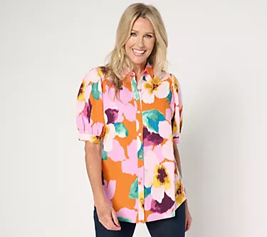 Susan Graver Petite Printed Woven Button Front Tunic
