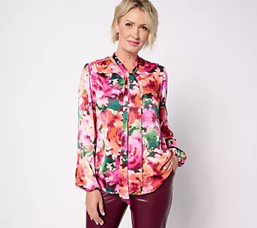 Isaac Mizrahi Live! Printed Stretch Sateen Blouse w/ Detachable Bow