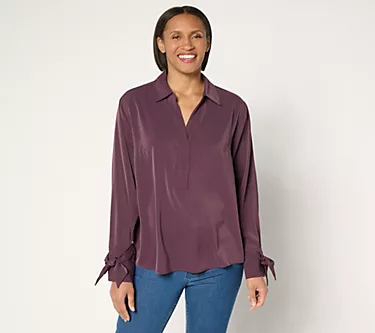 Peace Love World Y-Neck Pullover Blouse with Bow Sleeve Detail