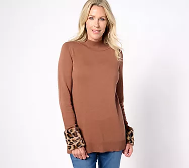 Jingle Belles by Kim Gravel Animal Faux Fur Trim Mock Neck Sweater