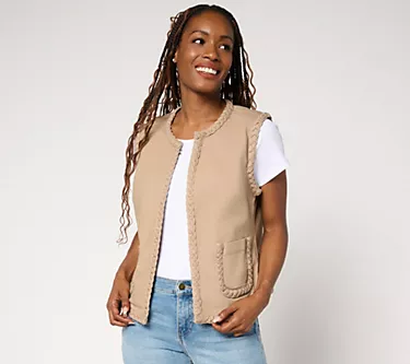 LOGO by Lori Goldstein Denim Vest with Braided Trim