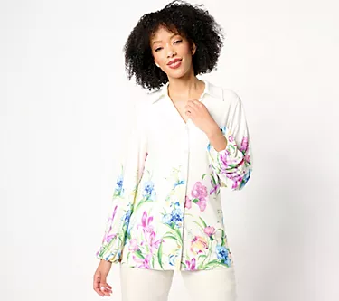 GRAVER Susan Graver Printed Liquid Knit Button-Front Shirt