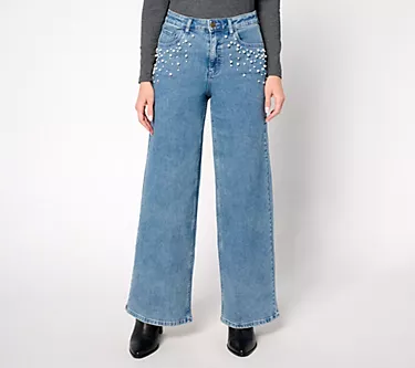 Me by Jennie Garth Indigo Reg Wide Leg Jean with Pearl Detail