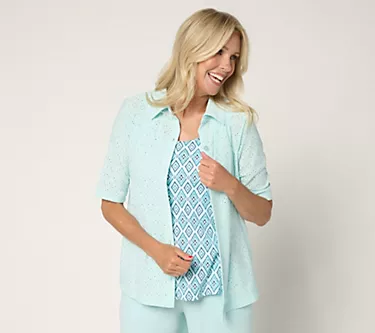 Cuddl Duds Eyelet Button Up Collared Top