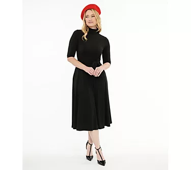 Unique Vintage 1950s Black Turtle Neck Fit & Flare Dress