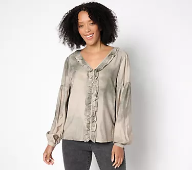 Me by Jennie Garth Bodie Printed Blouse with Ruffle Neckline