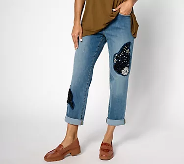 LOGO by Lori Goldstein Reg. Boyfriend Jeans With Embellishment