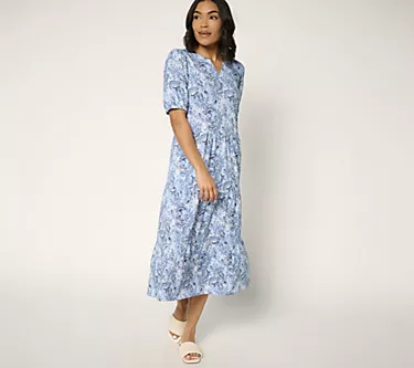 Denim & Co. Petite Linen Blend Puff Sleeve Midi Dress