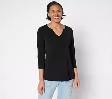Susan Graver Petite Modern Essentials Liquid Knit Split Neck Top
