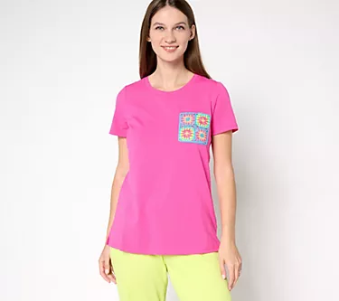Belle by Kim Gravel Crochet Pocket Short Sleeve Top