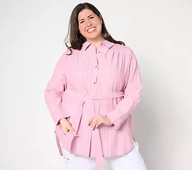 AnyBody Regular Long Sleeve Button Front Woven Tunic with Tie Waist