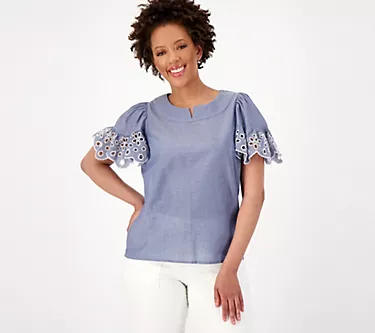 Isaac Mizrahi Live! Cotton Lawn Split Neck Embroidered Blouse