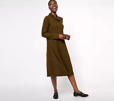 Susan Graver Regular Ribbed Sweater Knit Cowl Neck Midi Dress