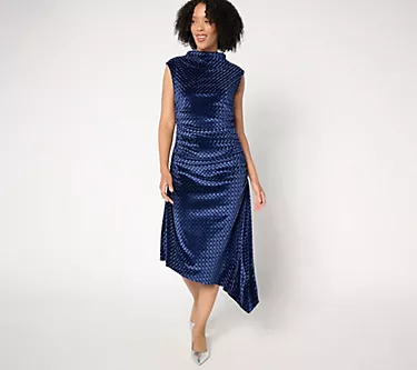 Destination 365 Petite Velvet Mock Neck Side Gathered Midi Dress