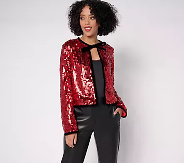 by Stacy London Sequin Tie-Neck Open Front Jacket