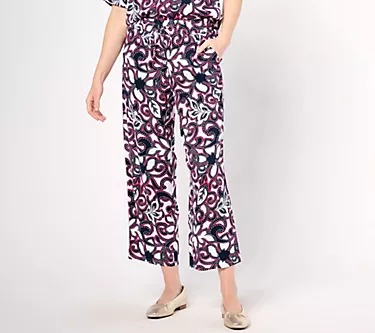 Susan Graver PURE Regular Printed Linen Blend Wide Leg Tie Crop Pants