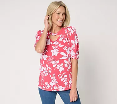 Susan Graver Printed Liquid Puff Sleeve Top with Keyhole Detail