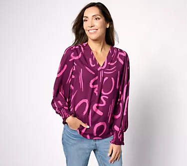 Belle by Kim Gravel Font-tastic Blouse with Smocked Cuffs