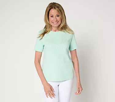 Isaac Mizrahi Live! Easy Fit Cotton Crew Neck Sequin T-Shirt