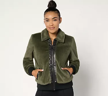 Belle by Kim Gravel Faux Fur Zip Bomber w/ Faux Leather Trim