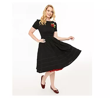 Unique Vintage 1950s Holiday Swing Dress with Floral Pin