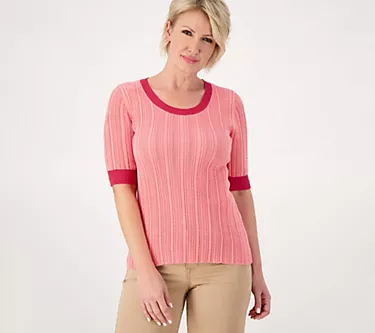 Isaac Mizrahi Live! Ribbed Pointelle Scoop Neck Sweater