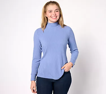Susan Graver Rib Knit Mock Neck Long Sleeve Top with Button Detail