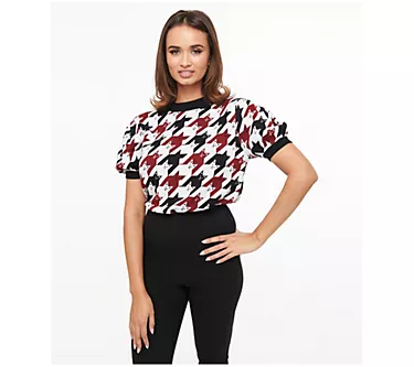 Unique Vintage Houndstooth Cat Short Sleeve Sweater