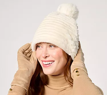 Sprigs Striped Faux Fur Beanie with Pom-Pom & Texting Glove
