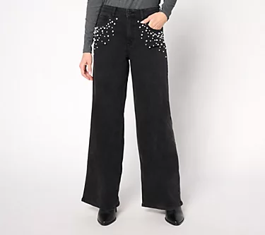 Me by Jennie Garth Black Pet Wide Leg Jean with Pearl Detail