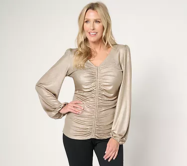 Dennis Basso Knit Lame Top with Ruching & Blouson Sleeves 1 225424-dennis-basso-knit-lame-top-with-ruching-blouson-sleeves-1.webp