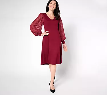 Dennis Basso Petite Ponte Dress with Metallic Accent Sleeves