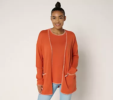 Belle by Kim Gravel Petite Blanket Stitch Open Front Tunic Cradigan