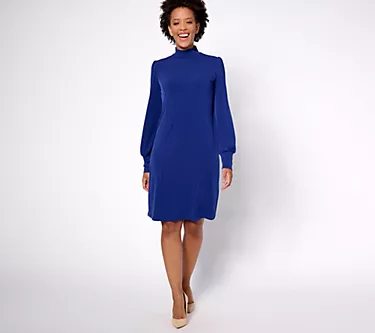 Susan Graver Regular Liquid Knit Long Blouson Sleeve Mock Neck Dress 1 227946-susan-graver-regular-liquid-knit-long-blouson-sleeve-mock-neck-dress-1.webp