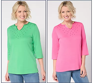 Quacker Factory Satin & Sparkle 3/4 Sleeve Set of 2 Tops