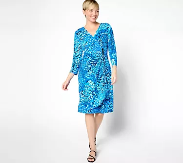 Susan Graver Regular Printed Liquid Knit Faux Wrap Dress