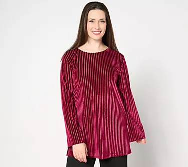 Dennis Basso Striped Stretch Velvet Tunic w/ Bell Sleeves