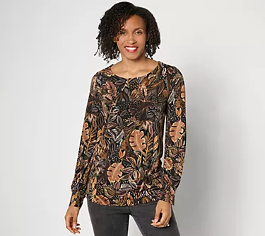 Susan Graver Printed Liquid Knit Top with Blouson Bracelet Sleeve