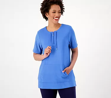 Denim & Co. Active Knit Terry Quarter Zip Short Sleeve Tunic