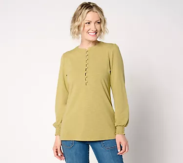 Belle by Kim Gravel Slub Knit Smocked Henley