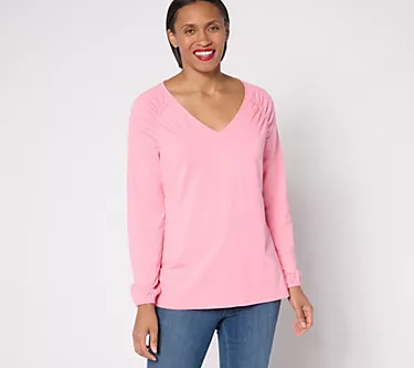 Belle by Kim Gravel TripleLuxe Knit Ruched Shoulder V-Neck Top
