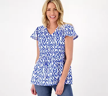 Denim & Co. Printed Favorite Jersey V-Neck Flutter Cap Sleeve Top