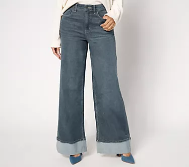 Me by Jennie Garth Petite Grey Blue Cuffed Wide Leg Jeans