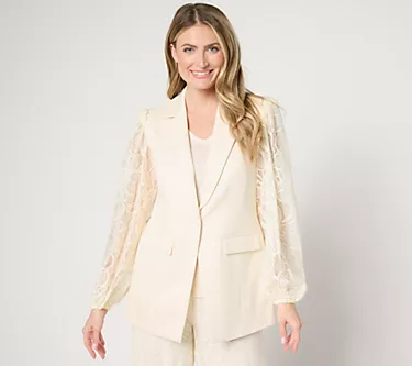 Dennis Basso Regular Ponte Knit Blazer with Lace Sleeves