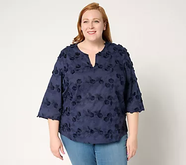 Isaac Mizrahi Live! Embroidered Cotton Split Neck Blouse
