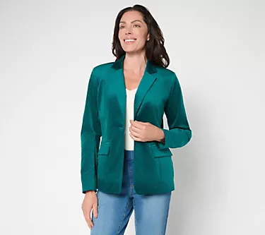 Denim & Co. Petite Stretch Velvet One Button Blazer