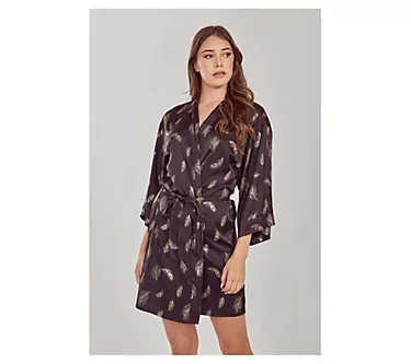 iCollections Foil Feather Print Short Tie-Waist Robe