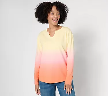 Denim & Co. French Terry Dip Dye Long Sleeve Pullover